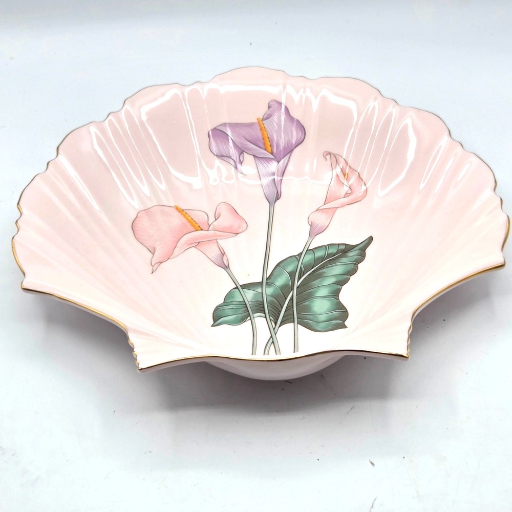 Yamaji  Pink Shell Scallop Ceramic Dish‎ Calla Lily Floral Design Japan VINTAGE